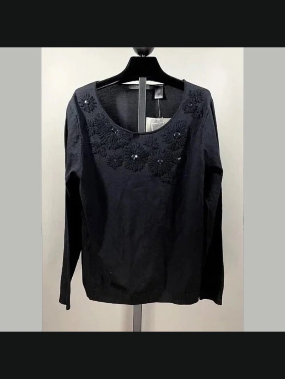 NEW Liz Claiborne Sweater Womens Large black silk knit floral pull over